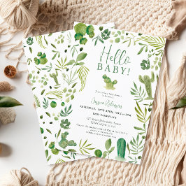 Invitación Boho cactus verde género neutro hola bebé ducha