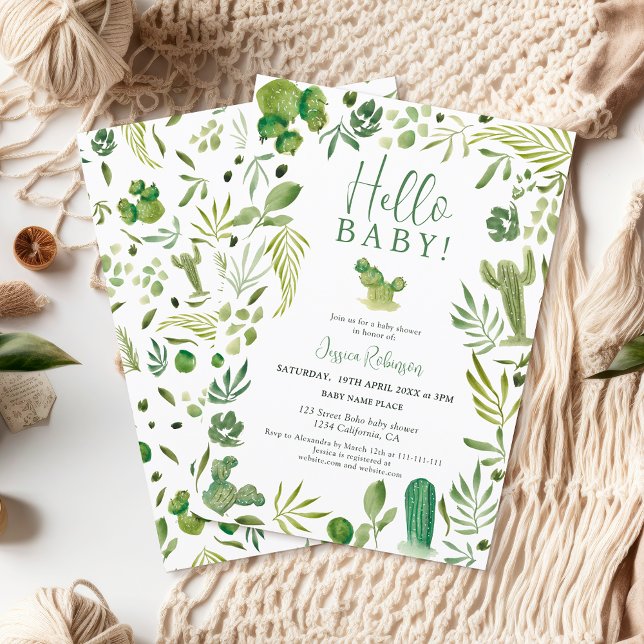 Invitación Boho cactus verde género neutro hola bebé ducha (Boho cactus green gender neutral hello baby shower invitation)