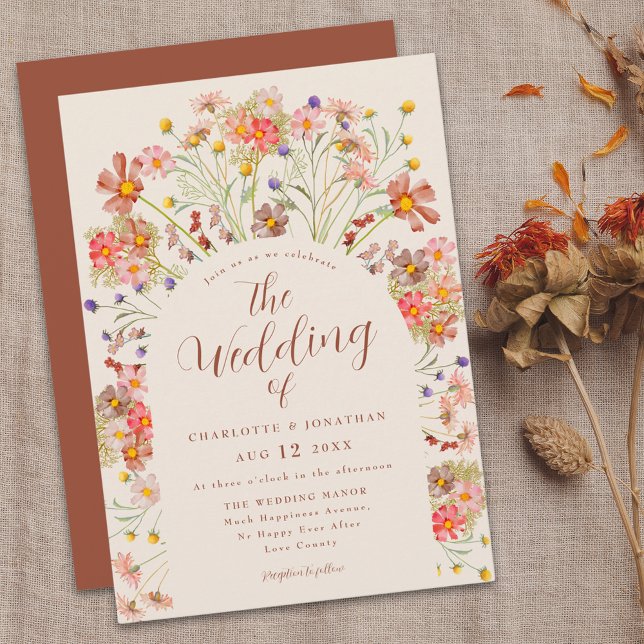 Invitación Boho Cae Boda de Arco Floral Rústico de Flores Sil (Boho fall rustic wildflower floral arch terracotta burnt orange and beige wedding invitation Elegant)