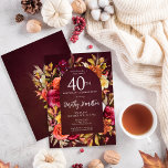 Invitación Boho Cae Borgoña Floral Script 40 cumpleaños<br><div class="desc">Hermosas flores caídas crean un arco de moda de Boho. Rosas rojas, flores de terracota y peonías blancas se mezclan con hojas verdes y follaje. Las flores y el guión moderno blanco se golpean contra el fondo rojo burdeos. Este artículo forma parte de la colección Flores de otoño de Borgoña....</div>