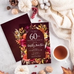 Invitación Boho Cae Borgoña Floral Script 60 cumpleaños<br><div class="desc">Hermosas flores caídas crean un arco de moda de Boho. Rosas rojas, flores de terracota y peonías blancas se mezclan con hojas verdes y follaje. Las flores y el guión moderno blanco se golpean contra el fondo rojo burdeos. Este artículo forma parte de la colección Flores de otoño de Borgoña....</div>