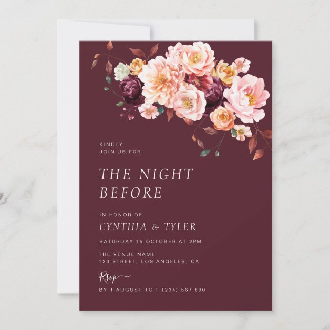 Invitación boho cae burgundy floral la noche anterior (Anverso)