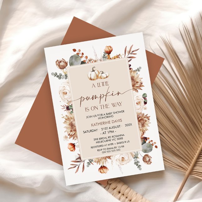 Invitación Boho Cae Cae Pequeña Calabaza Baby Shower (Little Pumpkin Baby Shower Invitation, Boho Floral Fall Baby Shower Invitation, Autumn Pumpkins)