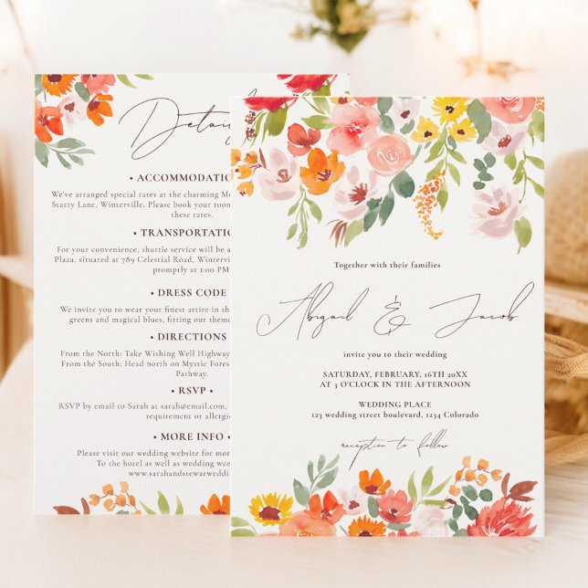 Invitación Boho cae floral rústica todo en un boda (Boho fall rustic floral all in one wedding invitation)