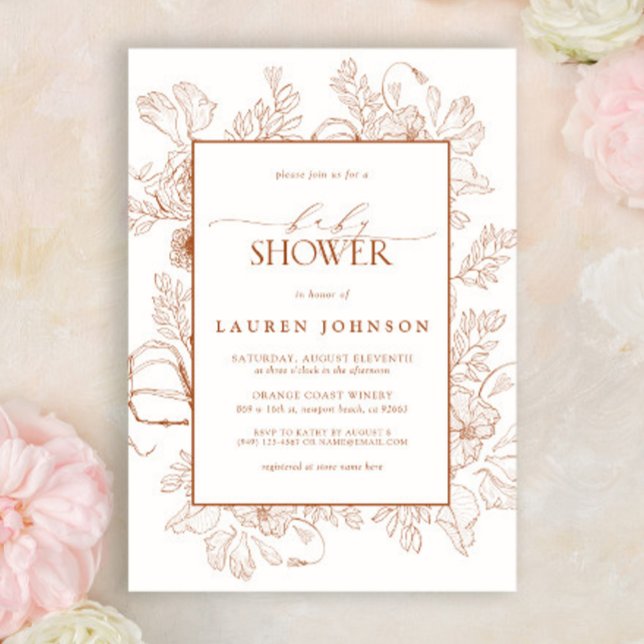 Invitación Boho Cae Terracota Floral Line Art Baby In Bloom (Subido por el creador)