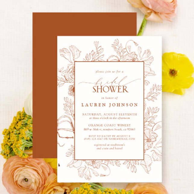 Invitación Boho Cae Terracotta Floral Line Art Bridal Ducha (Bridal Shower Invitation)