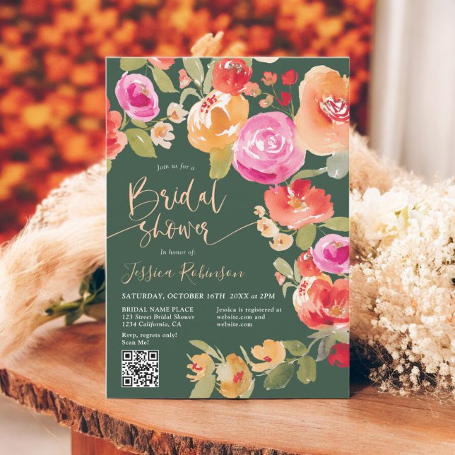 Invitación Boho Caída acuarela floral QR ducha de novia verde (Boho Fall floral watercolor QR green bridal shower Invitation)