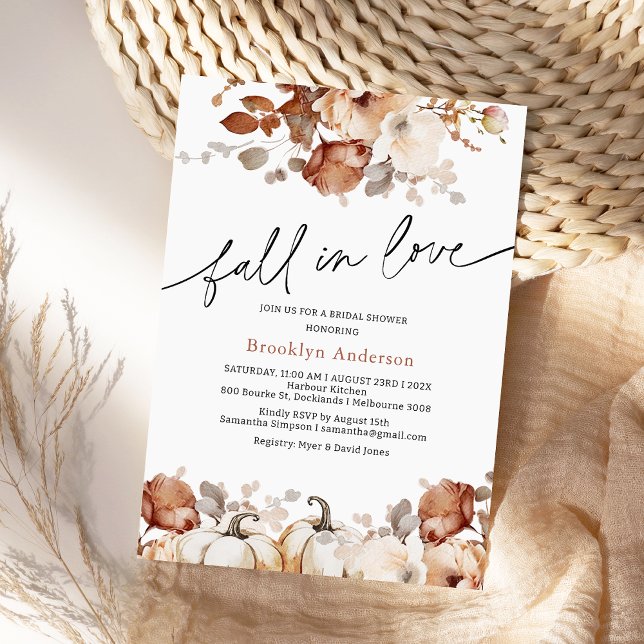 Invitación Boho Calabaza Floral Caída al Amor Ducha De Novias (Boho Floral Fall In Love Bridal Shower Invitation, Pumpkins, Autumn Foliage, Fall Bridal Shower )