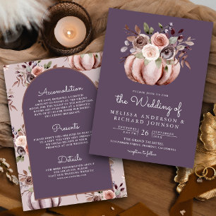 Invitación Boho Calabaza Floral Todo en un Boda púrpura pálid