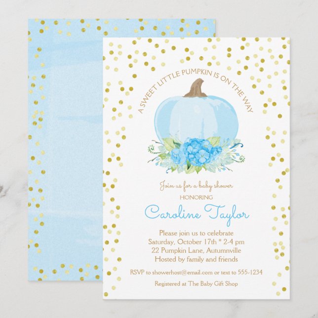 Invitación Boho Calabaza Niño Ducha Agua Azul Oro (Anverso / Reverso)