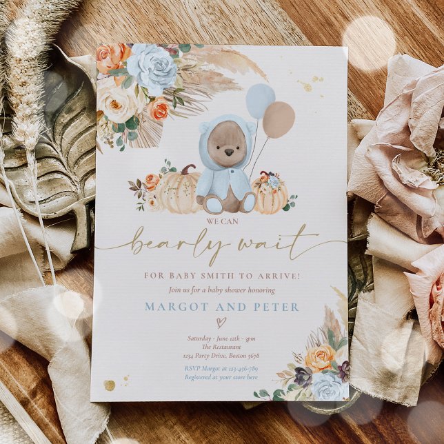 Invitación Boho Calabaza Teddy Bear Blue Boy Baby Shower (Subido por el creador)