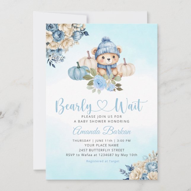 Invitación Boho Calabaza Teddy Bear Blue Boy Bear Baby Shower (Anverso)