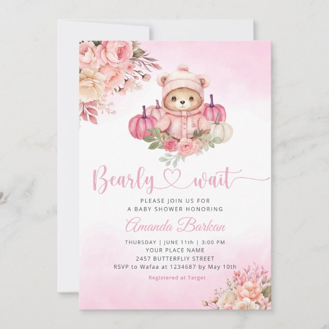 Invitación Boho Calabaza Teddy Oso Chica rosa oso Baby Shower (Anverso)