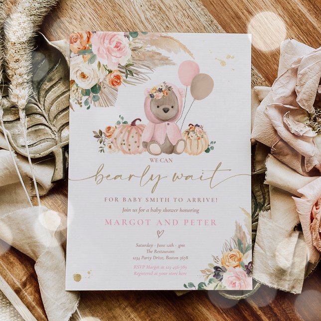 Invitación Boho Calabaza Teddy Oso Chica rosa oso Baby Shower (Subido por el creador)