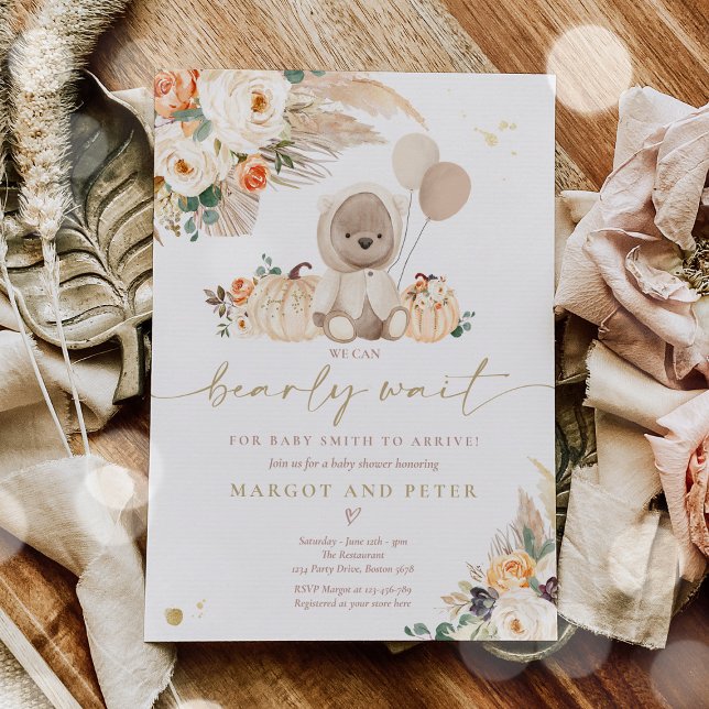 Invitación Boho Calabaza Teddy Oso Género Neutral Baby Shower (Subido por el creador)