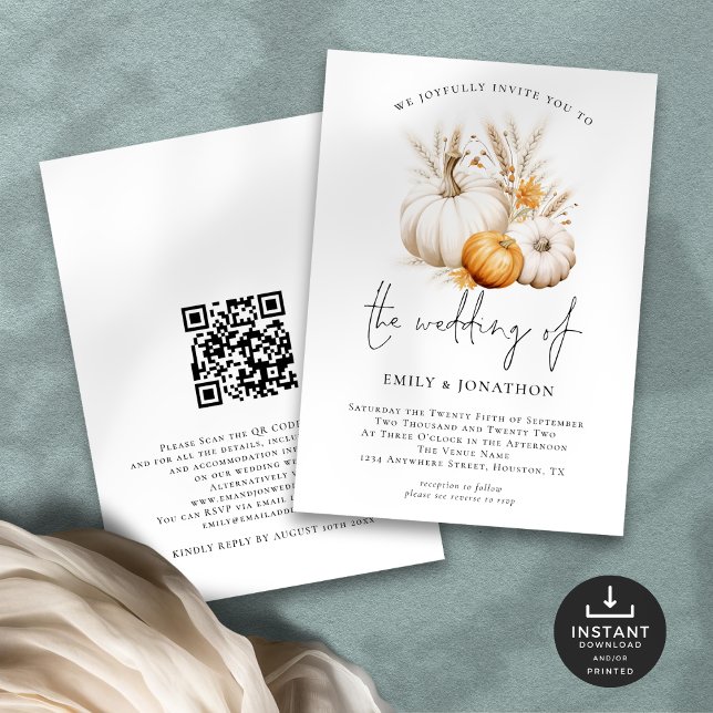 Invitación Boho Calabazas Grasas QR Boda de código (Front and back view)