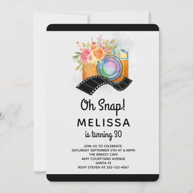 Invitación Boho Camera & Florals Watercolor Cumpleaños (Anverso)