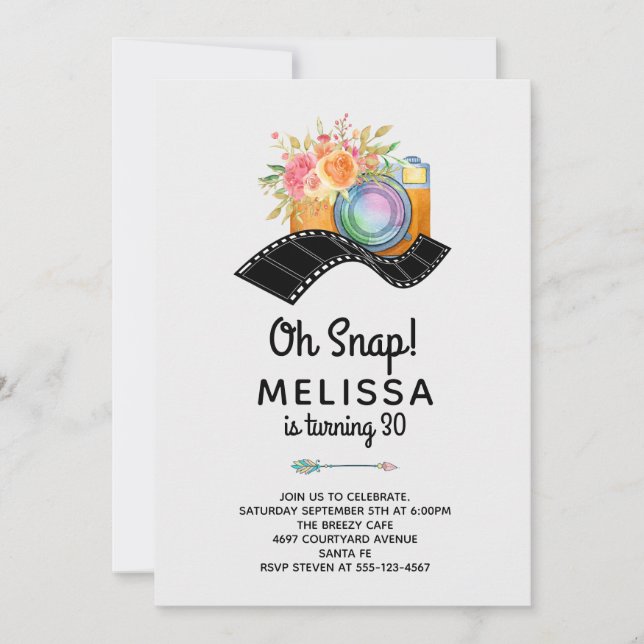 Invitación Boho Camera & Florals Watercolor Cumpleaños (Anverso)
