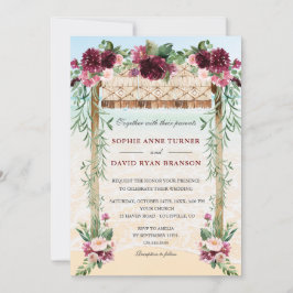 Invitación Boho Canopy Burgundy Floral Beach Maui Boda