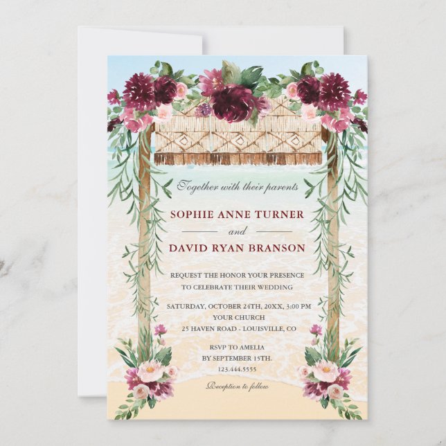 Invitación Boho Canopy Burgundy Floral Beach Maui Boda (Anverso)