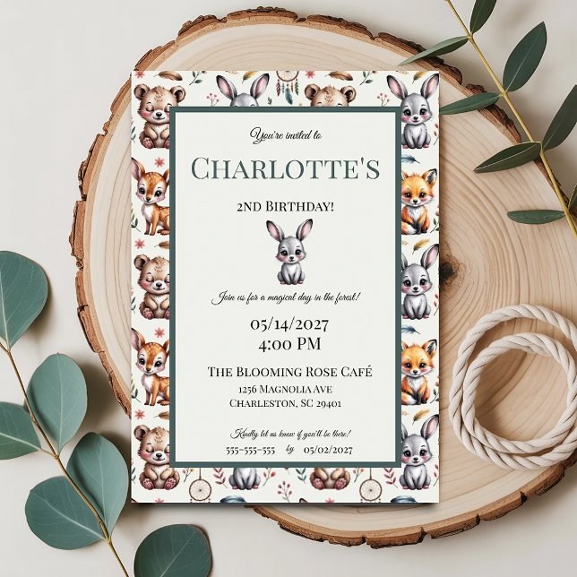 Invitación Boho capilar capilar animales de Woodland Cumpleañ (Subido por el creador)