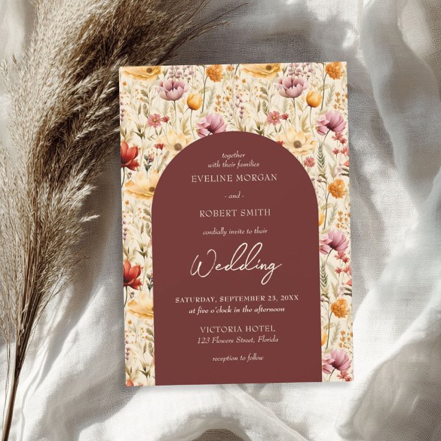 Invitación Boho cascada fall pradera flores silvestres (Boho watercolor fall meadow wild flowers invitation)
