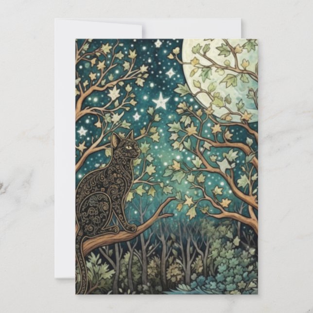 Invitación Boho cat starry night sky woodland forest (Anverso)