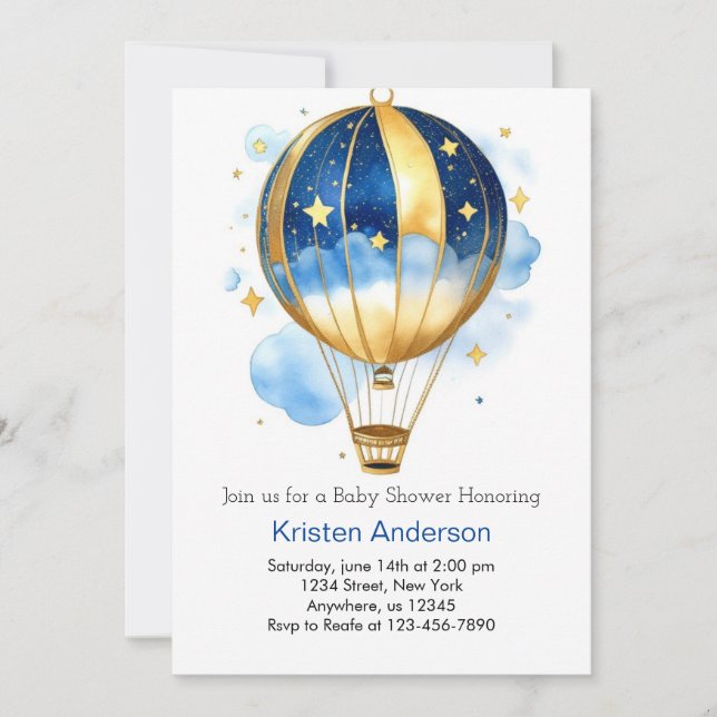Invitación Boho Celestial Hot Air Balloon Boy Baby Shower (Anverso)