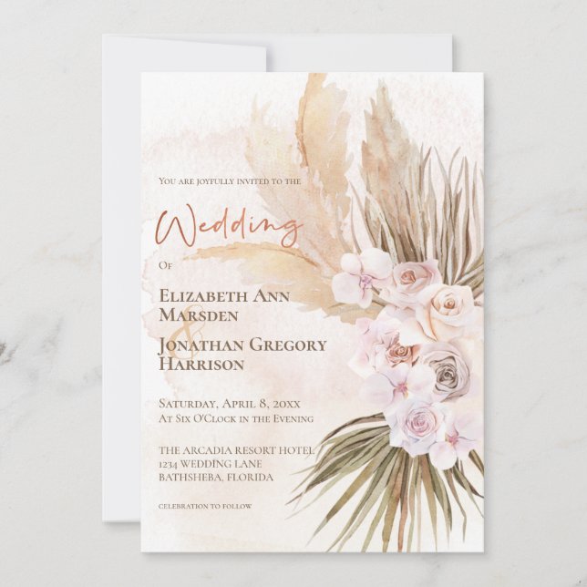 Invitación Boho Champagne Rubor Terracotta Pampas Floral (Anverso)