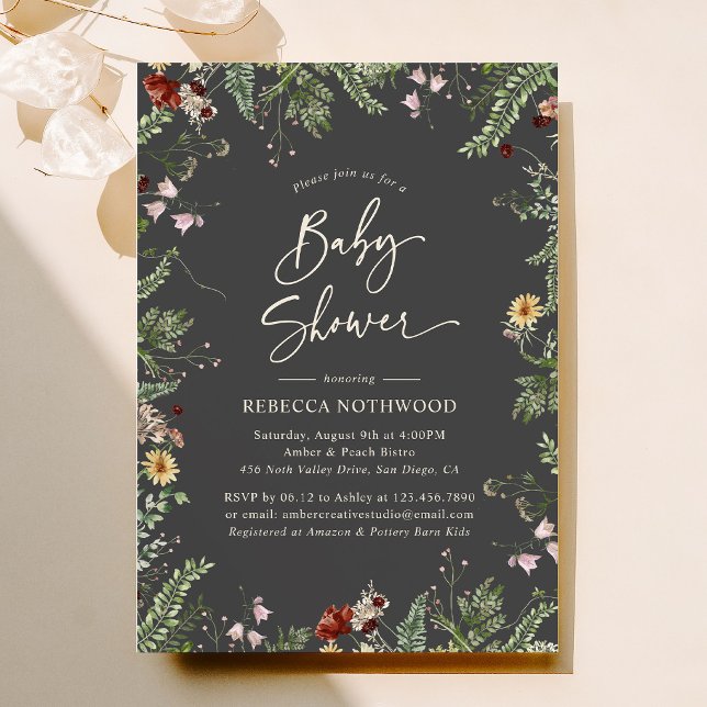 Invitación Boho Charcoal Grey Wildflowers Baby Shower (Subido por el creador)