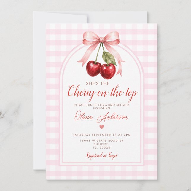 Invitación Boho Cherry en la parte superior Baby Shower Pink  (Anverso)