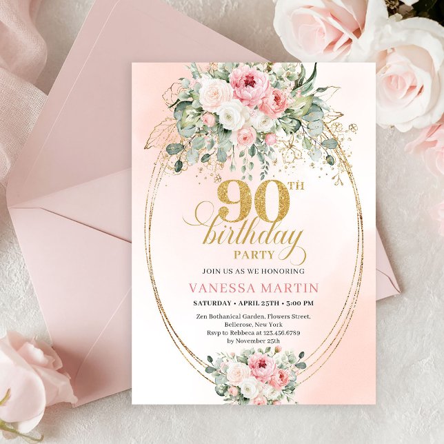 Invitación Boho Chic Blush Floral Greenery Gold 90th Birthday (Boho Chic Blush Floral Greenery 90th Birthday Invite)