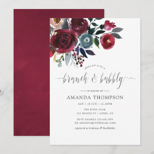 Invitación Boho Chic Burgundy & Navy floral Brunch y Burbujas