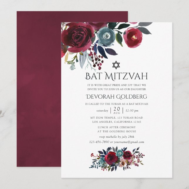 Invitación Boho Chic Burgundy y Navy Bat Mitzvah (Anverso / Reverso)