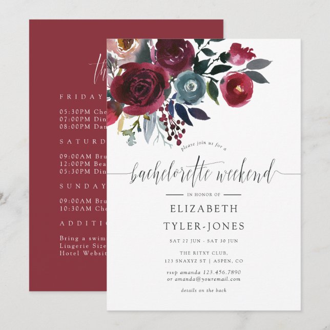 Invitación Boho Chic Burgundy y Navy Fin de Semana de Despedi (Anverso / Reverso)