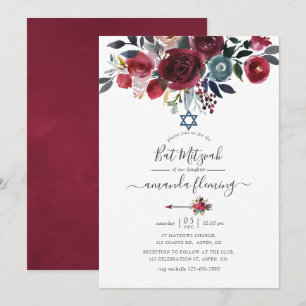 Invitación Boho Chic Burgundy y Navy Floral Bat Mitzvah