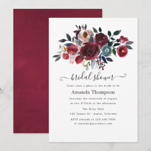 Invitación Boho Chic Burgundy y Navy floral Brunch y Burbujea