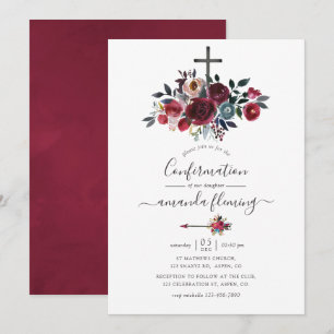 Invitación Boho Chic Burgundy y Navy Floral Confirmación