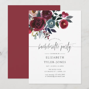 Invitación Boho Chic Burgundy y Navy floral Despedida de solt