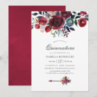 Boho Chic Burgundy y Navy floral Quinceañera