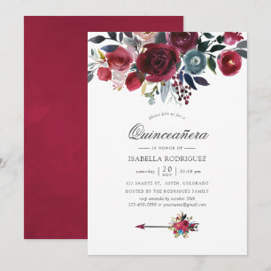 Invitación Boho Chic Burgundy y Navy floral Quinceañera