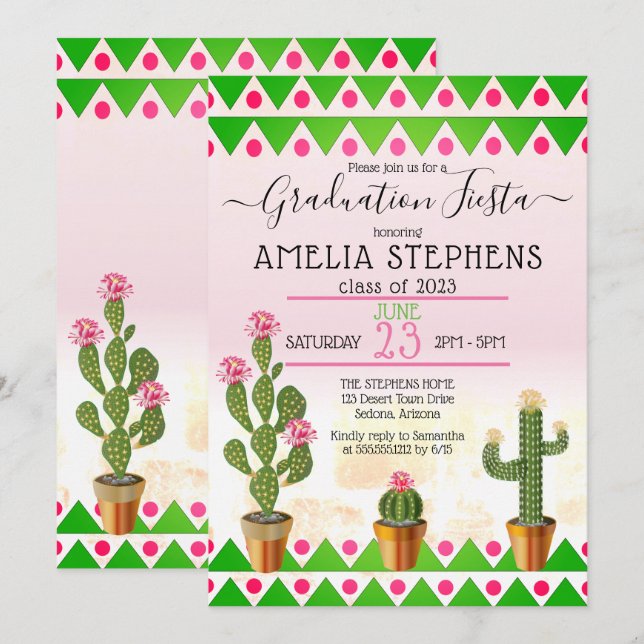 Invitación Boho Chic Cactus Fiesta Fiesta de Graduación (Anverso / Reverso)