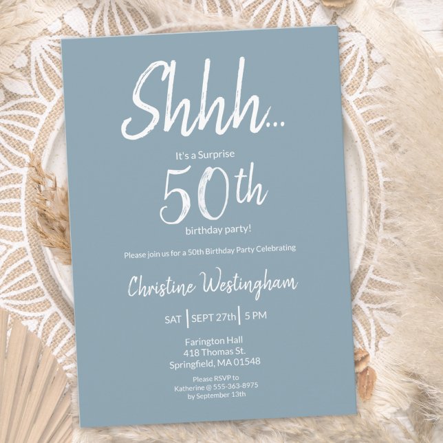 Invitación Boho Chic Dusty Blue White Surprise 50th Birthday (Subido por el creador)