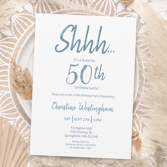 Invitación Boho Chic Dusty Blue White Surprise 50th Birthday (Subido por el creador)