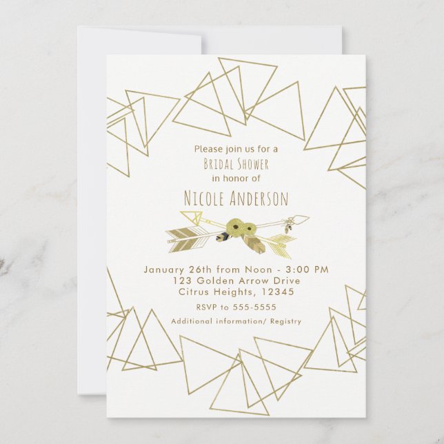 Invitación Boho Chic Flechas y Triángulos Geométricos Dorados (Anverso)