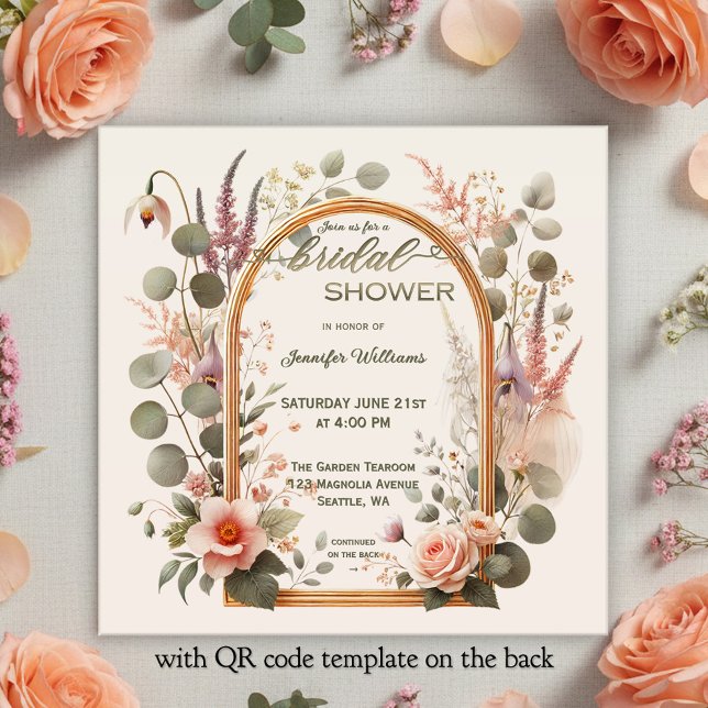 Invitación Boho Chic Floral Rose Gold Arch Bridal Shower (Bohemian bridal shower invitation featuring a watercolor flower arrangement around a rose gold arch)