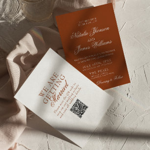 Invitación Boho Chic Naranja Quemado Código QR Boda de Terrac