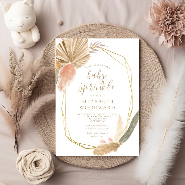 Invitación Boho Chic Pampas Grass Marco Dorado Baby Sprinkle (Subido por el creador)