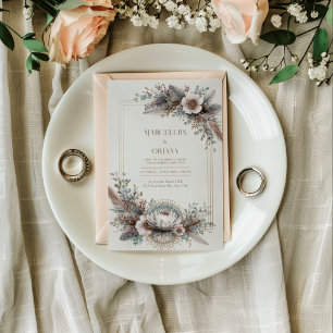 Invitación Boho Chic Plumas Polvo Rosa Dorado Marco Boda
