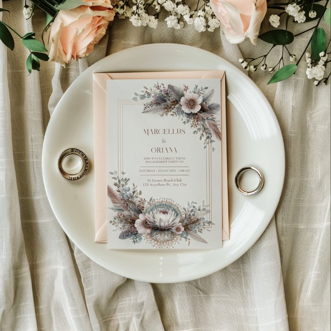 Invitación Boho Chic Plumas Polvo Rosa Dorado Marco Boda (Subido por el creador)